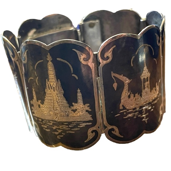 Antique Sterling silver Siam Etched black wnamel symbols Thai bangle bracelet - Picture 9 of 12